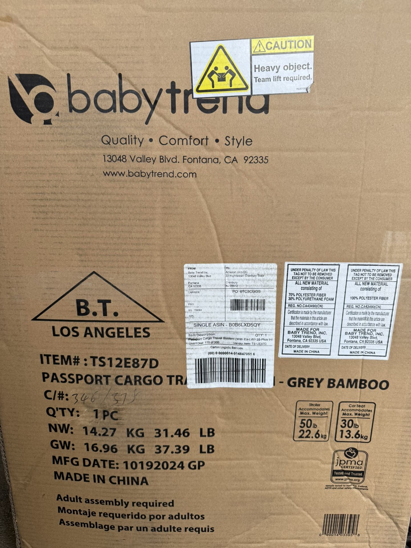 Baby Trend Passport® Cargo Stroller Travel System with EZ-Lift™ PLUS Infant Car Seat, Grey Bamboo