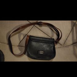 Hayden Black Leather Saddle Crossbody with Brown Strap