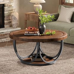 31.5” Round Coffee Table - 2-Tier Vintage Industrial Design with Storage Shelf, Retro Brown Finish & Black Metal Frame