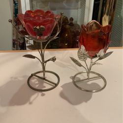 Glass Rose Candle Holder With Metal Leaves
