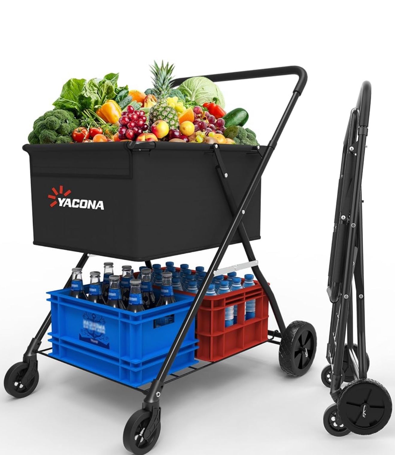 Heavy-Duty 2-Tier Folding Shopping Cart with Wheels - Double-Layer Waterproof Grocery & Utility Wagon, Portable Design for Laundry, Storage and Transp