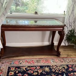Wooden Glass Top Console With Detail Carving 