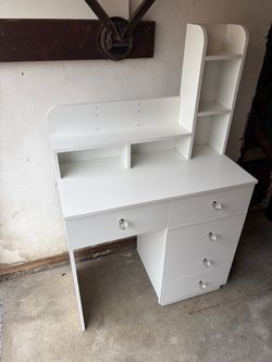 White Vanity Desk with Drawers and Shelves
