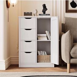 Bathroom Small Floor Storage Cabinet with 4 Drawers, White,Wooden Storage Organizer with Adjustable
