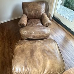 Restoration Hardware Brown Leather Chair With Ottoman