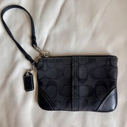 Coach Signature Black Canvas Mini Zipper Wristlet with Coach Keychain Ornament