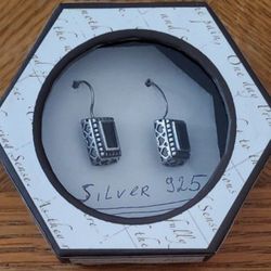 Vintage Sterling Silver 925 Filigree Onyx Earings