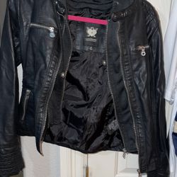 Leather Jacket With Cotton Lining And Hoodie Ladies XS