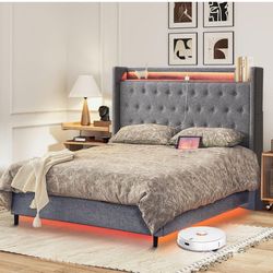 Queen Size Platform Bed Tufted Upholstered Bed Frame with Tall Headboard, Remote Control, LED Lights, Charging Station, Wooden Slats, No Box Spring Ne