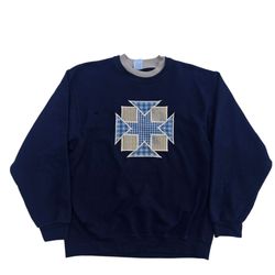 Jerzees navy crewneck sweatshirt with Quilted design Size L Cottagecore Grannycore Retro