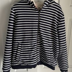 Boden Women’s Navy & White Striped Teddy Lined Zip Up Hoodie Sz 10