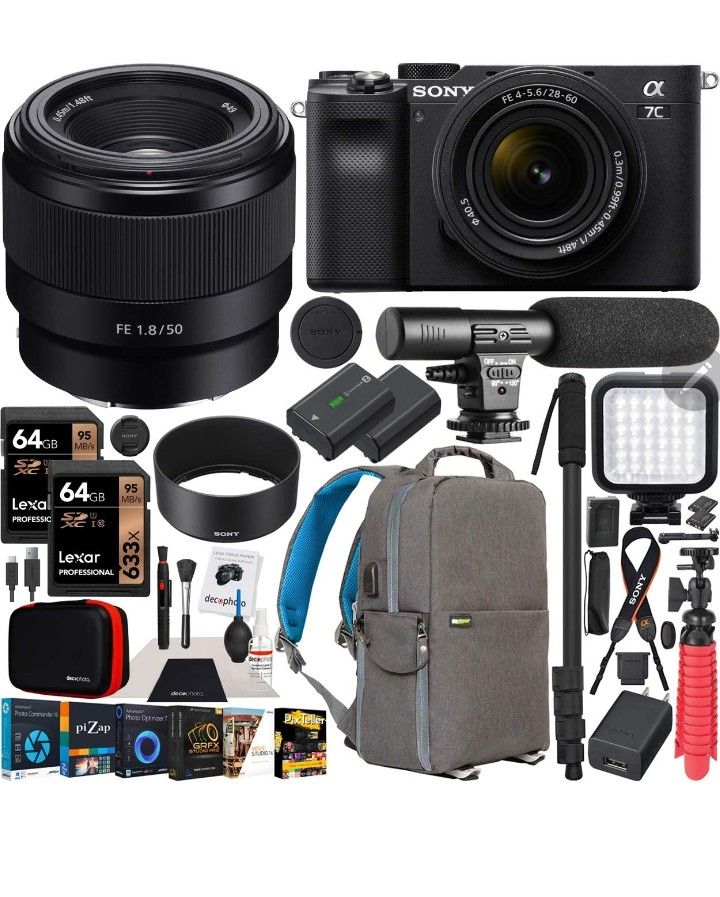 Sony a7C Mirrorless Full Frame Camera 2 Lens Kit Body with 28-60mm F4-5.6 + 50mm F1.8 SEL50F18 Black ILCE7CL/B Bundle with Deco Gear Photography Bag