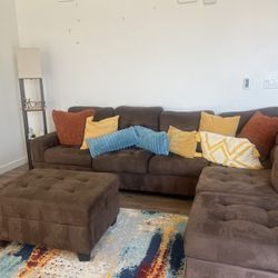 Brown Fluffy Sectional Couch and Table Set 