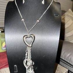 Costume Jewelry -  Silver Hearts Necklace & Matching Earrings - Long Length