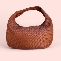 Large Woven Faux Leather Brown Hobo Boho Shoulder Purse Handbag (Bottega Veneta dupe) 