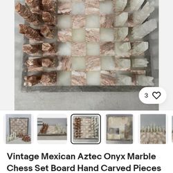 Vintage Mexican Aztec Onyx Marble Chess Set Board Hand Carved Pieces