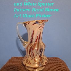 Vintage Burgundy and White Spatter Pattern Hand Blown Art Glass Pitcher-$35.00