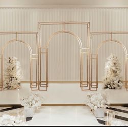 Heavy Duty Gold Metal 3D Rectangular Wedding Arch, Floral Balloon Frame 3 Backdrop Stand