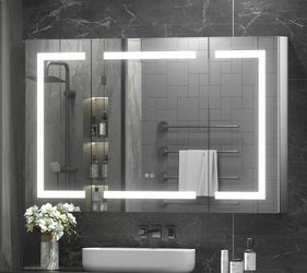 48 in. W x 30 in. H Rectangular LED Lighted Anti-Fog Tempered Glass Aluminum Medicine Cabinet with Mirror In Silver
