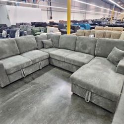 Gorgeous 4-Pc Corduroy Convertible Sectional Sofa W/Pullout Bed And Double Storage Space 
