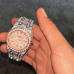 Iced-Out Audemars Piguet Automatic Watch – Rose Gold Tone, Full Diamond Look