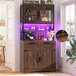 1806  71" Pantry Cabinet with LED Light & Outlet, Tall Kitchen Pantry Storage Cabinet with Microwave Stand, DIY Pegboard, Drawers and Adjustable shelf