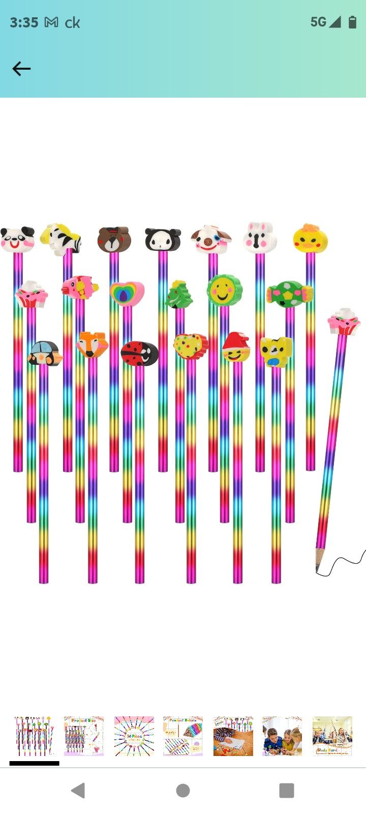 Breling 36 Pack Happy Birthday Pencils for Kids Rainbow Colored Pencil and Cartoon Animal Erasers Set Color Changing Pencils for Kids ...