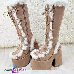 New Winter Women Snow Boots Platform Wedge High Heel Faux Fur Lady Shoes Female Plush Warm Non-slip Mid Calf Boots Goth Shoes

