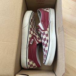 Burgundy Checkerboard Slip On Vans  