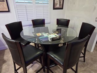 60" Round Glass High Top Dining Table w/ 6 Leather Chairs