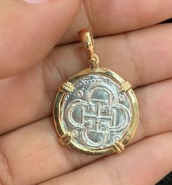 Atocha silver coin pendant in 14k gold bezel