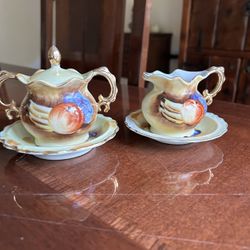 Cream and sugar plates and lid fruit pattern with gold trim, porcelain vintage collectible set