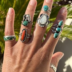 Vintage Turquoise Natural Mother of Pearl Coral Rings Sterling Silver 925 Southwestern Boho Jewelry 