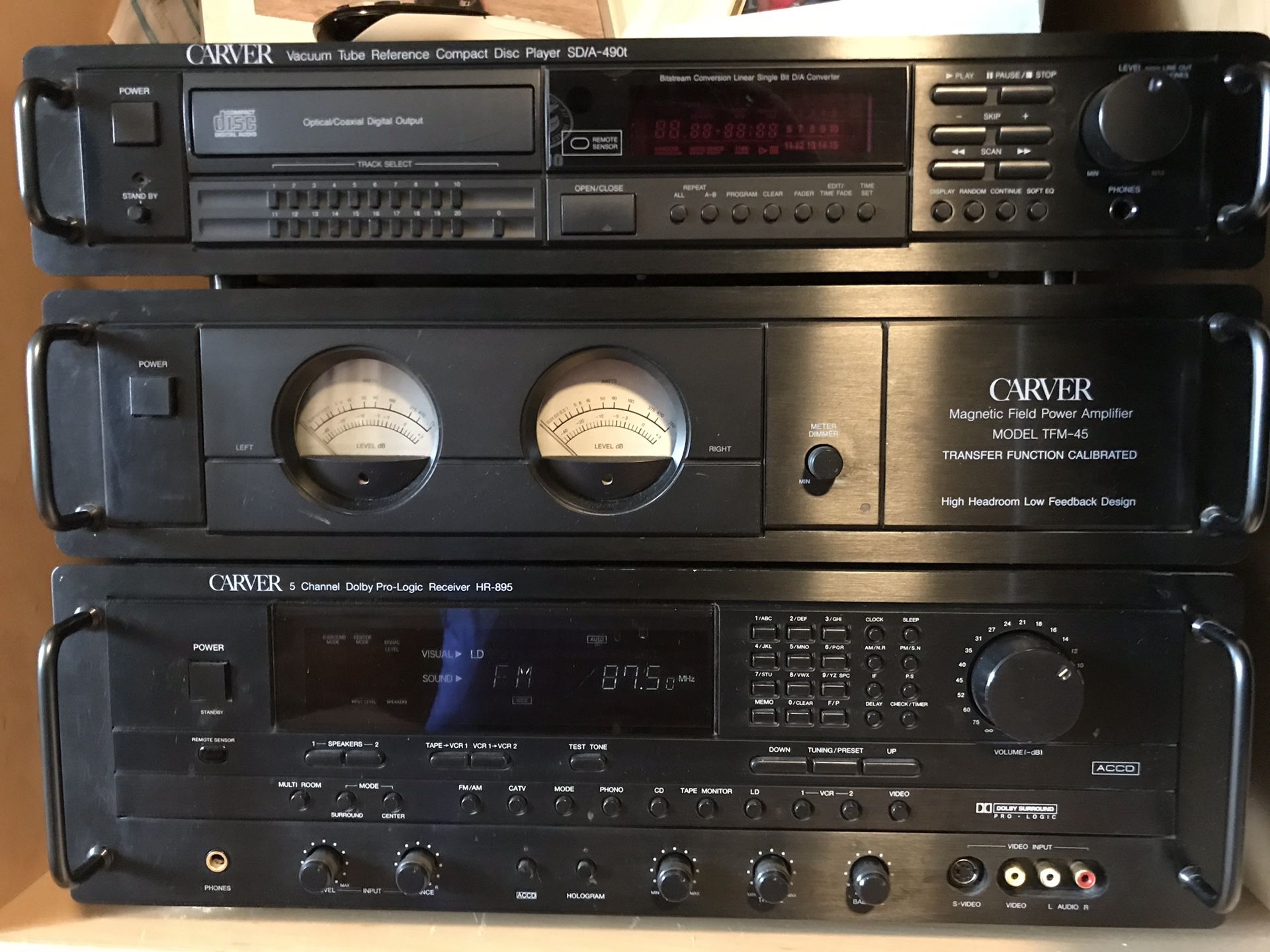 Carver HR-895 Receiver, Carver SD/A-490t Vacuum Tube Reference Disc player and 2 Carver TFM- 45 Magnetic Field Amplifiers