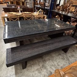 Black Solid Wood Dining Table With Glass Top - Cola