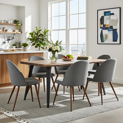 Homy Casa LANCELOT+HAVEN 7PC Dining Set 63” Walnut Table with 6 Haven Grey Fabric Chairs Walnut Legs