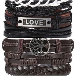 2 x Set Adjust. Size up to 9.5inc Leather Bracelet, (Love-Brown)