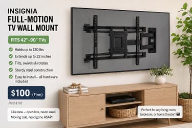 NEW Insignia Full-Motion TV Wall Mount (42”-90”)