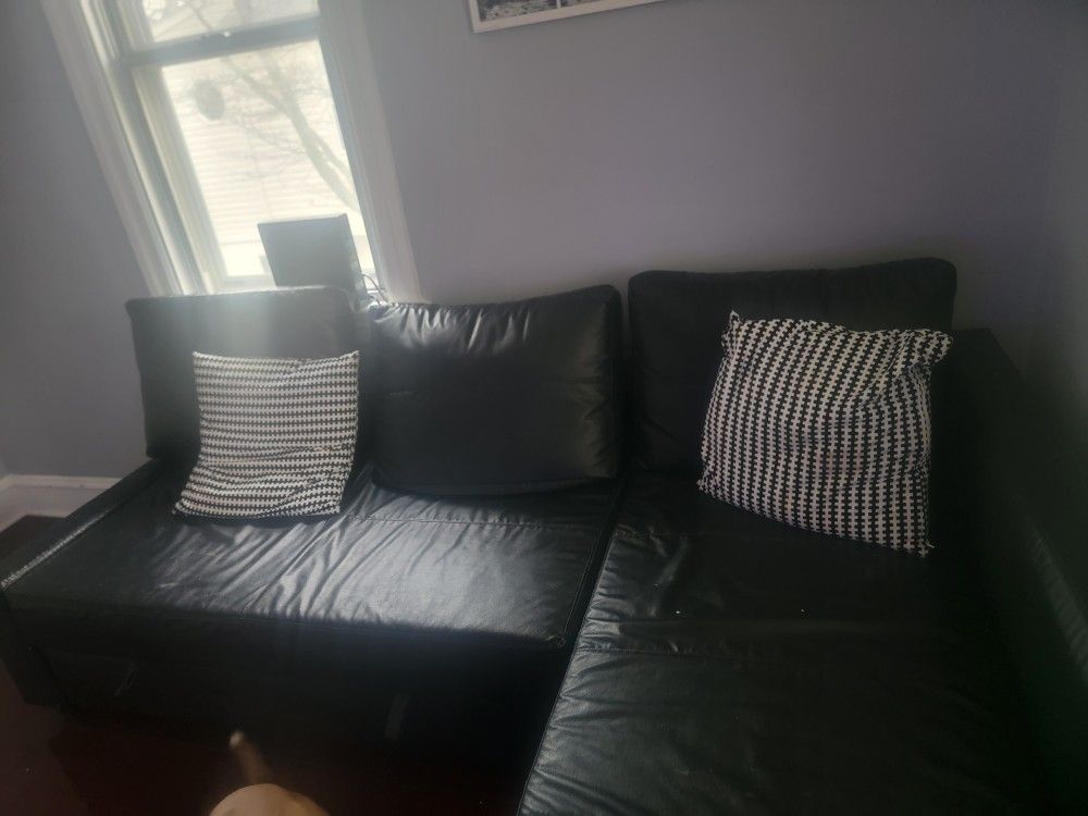 Black Leather Sectional Sofa CONVERT A BED FULL SIZE