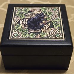 Black Cat Celtic Inlayed Tile Square Jewelry/Trinket Box 5"