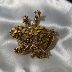 Vintage Signed Avon Noah’s Ark, Gold Tone Brooch. 