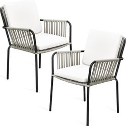 Outdoor Dining Chair Set of 2, All-Weather Rope & Wicker Rattan Woven Patio Chairs