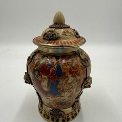 Chinese Porcelain Storage Jar Tibetan Silver Inlay Figural Pattern w Lid Antique
