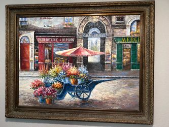 Framed Oil Painting French Street Market Scene
