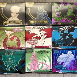 Pokemon ETB Bundle - Black Bolt - Twilight Masquerade -  Paradox Rift - Shrouded Fable - White Flare - Temporal Forces - Journey Together - Mega