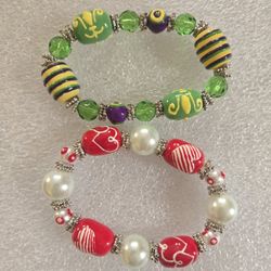 Set Of 2 New Acrylic Painted Festive Beaded Stretch Bracelets