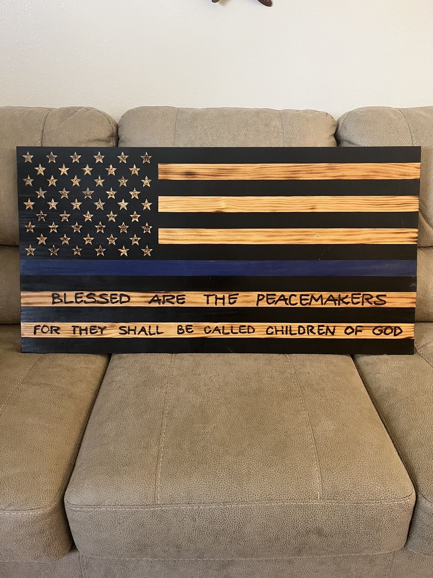 Wooden Thin Blue Line American Flag, With Scripture 37x19.