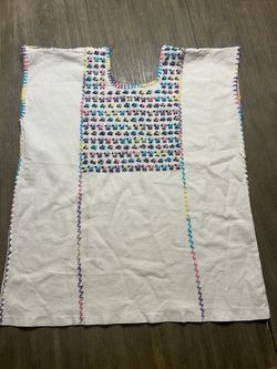 Mexican Hand-Embroidered White Blouse with Multicolor Stitching, Sz. M, Gently.
