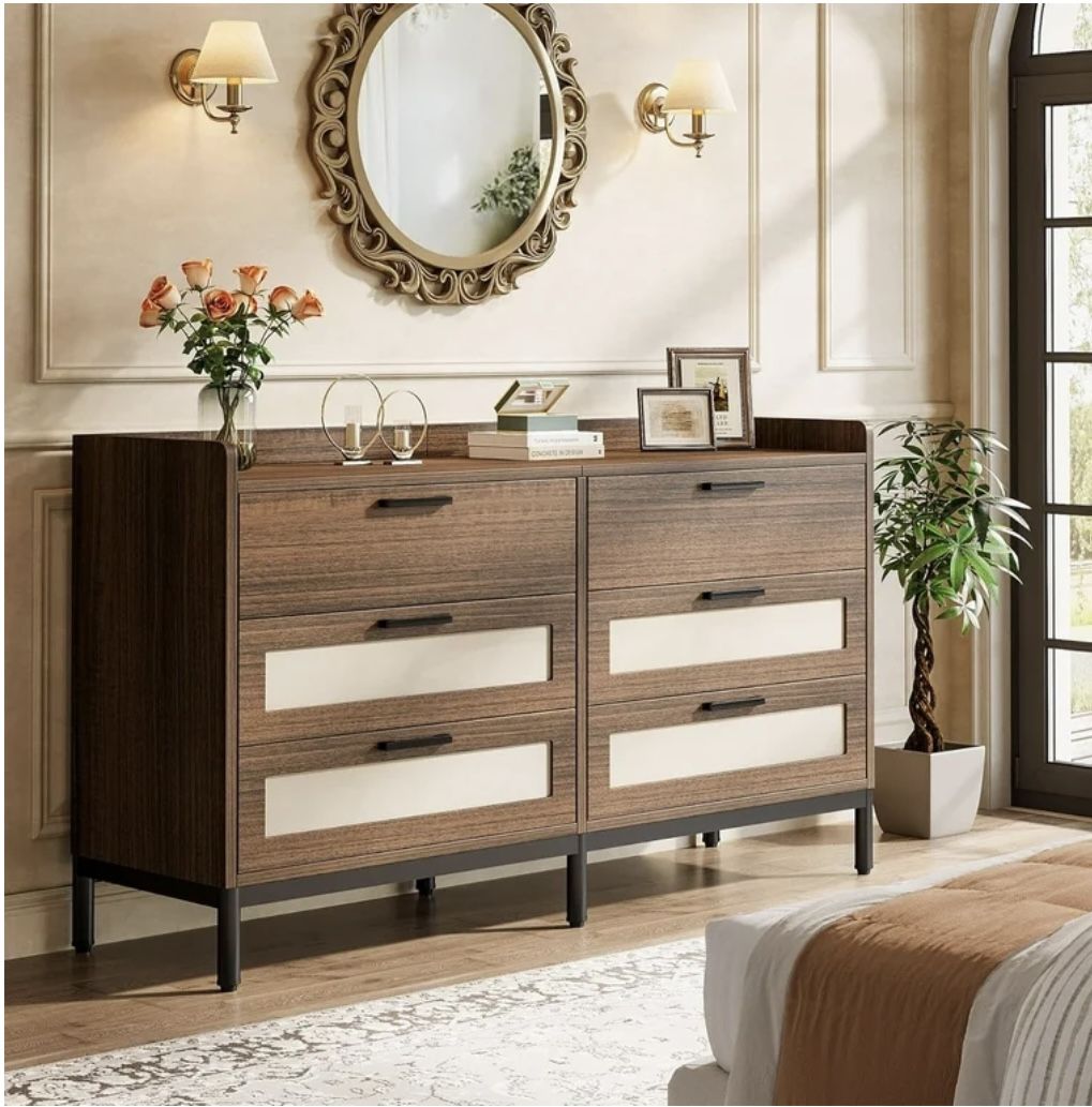 new assembled 55" 6-Drawer Rustic Dresser, Mid-Century Wood Storage Organizer for Bedrooms