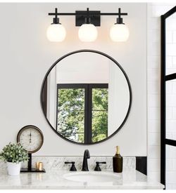 Modern Vanity Lighting Fixtures,3-Light Black Bathroom Lighting Fixtures Over Mirror，Bathroom Wall Mounted Vanity Light with Milky White Glass Lampsha